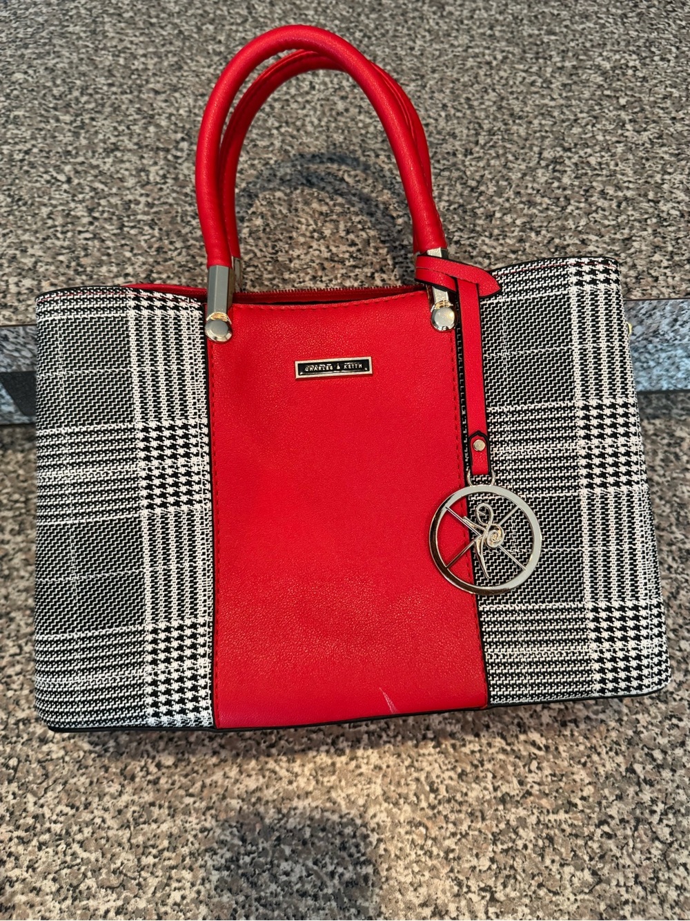 Charles & Keith Red Center Satchel with Black & White Plaid Panels